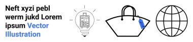 Elektronik cihazlı ampul, fiyat etiketli minimalist çanta, dünya simgesi. E-ticaret, küresel ticaret, yenilik, seyahat, teknoloji pazarlama için idealdir. Düz iniş sayfası pankartı