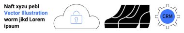 Kilit simgesi olan bulut güvenliği simgeliyor, takım çalışması için senkronize adımlar, CRM sistemini gösteren dişli simgesi. IT çözümleri, yazılım, güvenlik, bulut depolama, işbirliği, CRM dairesi için ideal