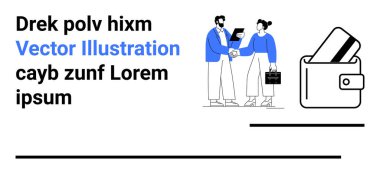 İş arkadaşları el sıkışıyor ve biri tablet tutarken diğeri de evrak çantası taşırken proje tartışıyorlar. Yakınlarda kredi kartları olan bir cüzdan. İş, finans ve işbirliği için ideal