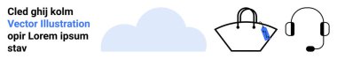 Bulut şekli depolamayı, el çantası da e-ticareti ve kulaklık da müşteri desteğini simgeliyor. Teknoloji, perakende, iletişim, hizmet, iş, veri düzleştirme sayfası afişi için ideal