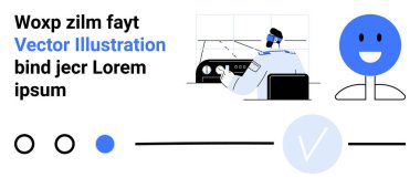 Kulaklıklı makineleri kontrol eden operatör, mavi gülen yüz simgesi, dairesel ve doğrusal arayüz elemanları ve metin tutucu. Teknoloji, kullanıcı arayüzü tasarımı ve müşteri hizmetleri için ideal