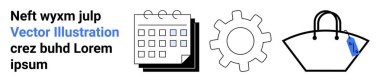 Takvim, dişli ve el çantası öğeleri organizasyonu, takım çalışmasını, modayı ve verimliliği sembolize ediyor. İş, planlama, ürün tasarımı e-ticaret yaşam tarzı eğitimi ve düz iniş için ideal