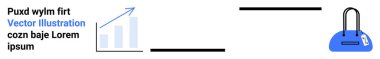 Yukarı doğru eğilim okunu gösteren grafiğe yer tutucu metin eşlik ediyor. Sağda sapı olan mavi bir alışveriş çantası. Ticari büyüme, pazarlama, perakende, e-ticaret, satış, finans alışverişi için ideal. İniş