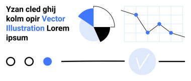 Pasta çizelgesi bölümü, noktalı çizgi grafiği, daireler, yatay çizgiler ve veri sunumu için yer tutucu metni. İş raporları, sunumlar, eğitim, istatistik pazarlama için ideal