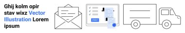 Açılmış zarf, ödeme düğmeli fatura, işaretli, nakliye kutusu ve teslimat kamyonu. Lojistik, çevrimiçi ödemeler, e-ticaret, fatura takip posta servisleri ve soyut