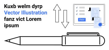 Kalem, kontrol listesi, makbuz ve ödeme düğmesiyle birlikte. Oklar değişim akışını gösteriyor. Finans, e-imza, sözleşmeler, iş akışları, teknoloji işlemleri için idealdir.