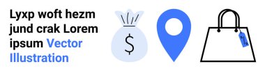 Dolar işaretli para çantası, mavi lokasyon rozeti ve fiyat etiketli alışveriş çantası. Perakende, finans, e-ticaret, alışveriş, pazarlama navigasyon işi için ideal. Düz iniş sayfası pankartı