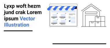Örnek metin ve vektör illüstrasyon başlığını gösteren metin. Bir mağaza tentesinin altında web sitesi arayüzü. İstiflenmiş kutularla dolu depo binası. E-ticaret, lojistik, envanter, perakende, çevrimiçi için ideal