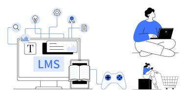 Computer screen labeled LMS with learning tools thumbs up books, documents and settings icons. Person using a laptop and kid playing games. Ideal for online education, e-learning, student engagement clipart