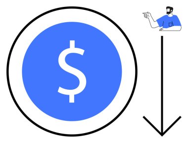 Büyük daire içinde mavi dolar işareti, aşağı doğru ok, mavi gömlekli işaret. Finans, navigasyon, yatırım tavsiyesi, ekonomik eğilimler, rehberlik, iş stratejileri için ideal mali