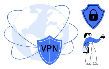Dünya 'ya karşı VPN mesajı olan kalkan, güvenli kilit kalkanı, dünyayı güvenli ağda tutan kişi. Siber güvenlik, çevrimiçi mahremiyet, veri koruması, güvenli tarama, internet güvenliği, uzaktan kumanda