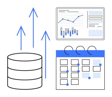Yukarı doğru oklu veritabanı, ekranda analitik grafik ve veri noktalı takvim. Proje yönetimi, veri analizi, iş büyümesi, eğilim tahmini, zamanlama, performans için ideal