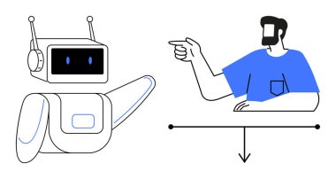 İnsan parmağı antenli ve ekran yüzlü robotu işaret ediyor. Teknoloji entegrasyonu için ideal, yapay zeka, gelecekteki kavramlar, robotik, dijital iletişim, insan-makine