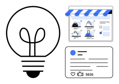 Çevrimiçi bir alışveriş mağazasının yanında yenilikçi fikirleri ve olumlu yorumları olan sosyal medya paylaşımını temsil eden bir ampul. E-ticaret, sosyal medya pazarlaması, iş büyümesi için ideal