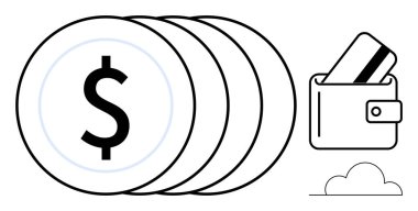Cüzdanın yanında dolar işareti olan bozuk paralarda kredi kartı var. Finans, bankacılık, tasarruf, yatırım, çevrimiçi ödemeler, bütçe ve e-ticaret için ideal. Satır metaforu