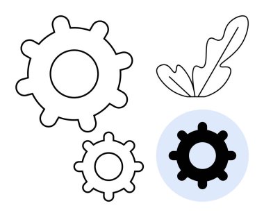 İki açık vites, bir sağlam vites ve çizilmiş bir yaprak. Teknoloji, ekoloji, denge, yenilik, endüstri sürdürülebilirliği ve minimalizm konuları için idealdir. Soyut çizgi düz metafor