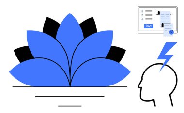 Mavi yapraklı nilüfer çiçeği, yıldırımlı insan kafası silueti ödeme ikonlu belgeler. Farkındalık, yaratıcılık, aydınlanma, enerji, entelektüel arayışlar, meditasyon için ideal