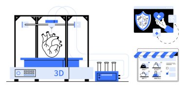 3D yazıcı, insan kalbi modeli, laboratuvar ekipmanı, çevrimiçi sağlık sistemi ve eczane yaratıyor. Tıbbi teknoloji, sağlık hizmetleri yeniliği, biyoteknoloji, online eczane için ideal