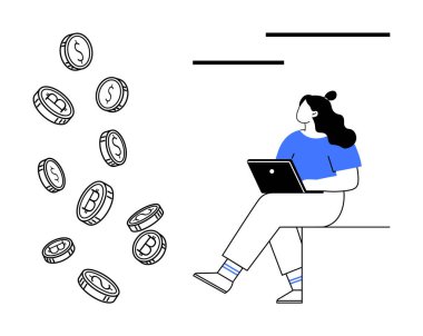 Dizüstü bilgisayarlı bir kadın, dolarla ve bitcoin sembolleriyle bozuk paralar düşmeye çalışıyor. Finans, yatırım, kripto para birimi, teknoloji, iş stratejisi, kişisel finans, dijital