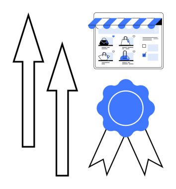 Market vitrininde iki tane yukarı bakan ok ve kaliteli rozet var. Ticari büyüme, e-ticaret başarısı, ürün kalitesi, perakende stratejisi, başarılar, çevrimiçi satış pazarlama mükemmelliği için ideal