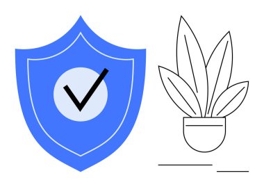 Mavi kalkan, çizilmiş bir saksı bitkisinin yanında güvenliği temsil eden koyu bir işaret. Siber güvenlik, veri koruması, güvenlik, büyüme, yetiştirme, refah, çevre dostu konuları için idealdir