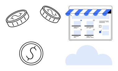 E-ticaret sitesi, vitrin güneşliği, online satışları temsil eden iki madeni para ve bir bulut sembolü. E-ticaret, çevrimiçi alışveriş, satış, dijital pazarlama, bulut hesaplama, İnternet için ideal
