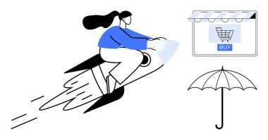 Kadın roketle mağazaya doğru gidiyor. İnternetten alışveriş arabası ve Buy düğmesi gösteriyor. Hızlı e-ticareti sembolize ediyor. Dijital pazarlama, çevrimiçi alışveriş, hız, tüketici koruması ve yenilik için ideal