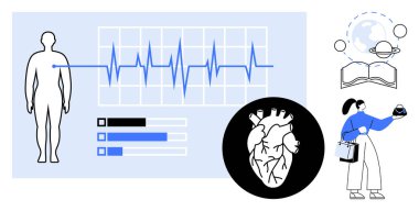 ECG grafiğiyle insan vücudunun tıbbi analizi. Bilimsel modeli elinde tutan kadın, bilgi ve gezegenlerin simgesi. Sağlık, bilim, araştırma, teknoloji, eğitim ve veri analizi için ideal