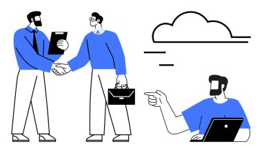 İş dünyası ekibi el sıkışıyor, bulut teknolojisini tartışıyor ve bilgisayarla uzaktan çalışmayı tartışıyor. İşbirliği, teknoloji, takım çalışması, uzaktan çalışma, iş stratejisi, iletişim, üretkenlik temaları için ideal