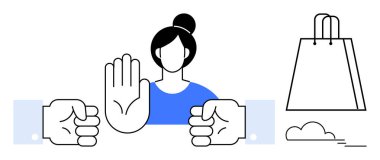 İki yumruğu durdurmak için elini kaldıran kadın, alışveriş torbası yan tarafta. Zorbalığa karşı ideal, çatışma çözümü, şiddet karşıtlığı, kişisel sınırlar, özgüven, perakende ahlakı ayakta tutmak. Satır metaforu