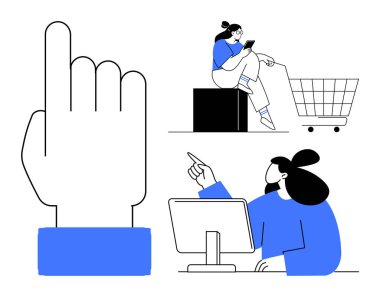 Büyük bir el kaldırma, bir kutunun üzerinde alışveriş arabasıyla telefona bakan bir kadın, bilgisayar ekranını işaret eden biri. Dijital etkileşim için ideal, e-ticaret, çevrimiçi alışveriş, müşteri desteği, kullanıcı