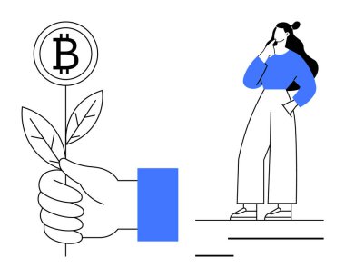 Yansıtıcı pozdaki kadın elinde Bitcoin logosu olan bir çiçek tutan ele bakıyor. Yatırım, kripto para birimi, büyüme, mali planlama, yenilik, dijital para birimi, soyut düşünme