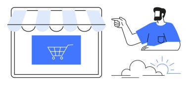 Alışveriş arabalı bir dükkan önü, adam işaret ediyor, bulut ve güneş. Temalar için ideal e-ticaret, çevrimiçi alışveriş, dijital pazarlama, iş büyümesi, müşteri ilişkileri web gezinti soyut çizgisi