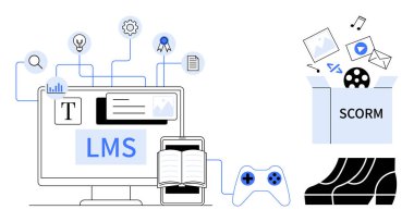 Computer displaying LMS with connected icons for analytics, search, certifications, interconnected with tablet and book. SCORM box pouring multimedia elements. Ideal for education, training clipart