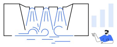 Su barajdan nehre akar, insan dikey bar haritalarını gösterir. Su yönetimi, altyapı, veri analizi, iş sunumu, kaynak tahsisi, eğitim, yenilik için ideal