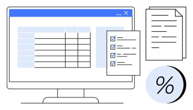 Hesap tablosunu gösteren bilgisayar monitörü, işaretli listeler, kağıt yığınları ve yüzdelik işareti. Üretim, organizasyon, iş akışı yönetimi, proje planlaması ve iş için ideal
