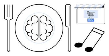 Çatal ve bıçaklı bir tabakta beyin, e-ticaret vitrininde alışveriş arabası ve notalar. Eğitim, teknoloji, e-ticaret, beyin gıdası, yaratıcılık, dijital kültür çevrimiçi alışveriş