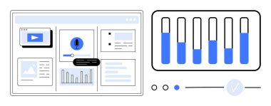 İlerleme çubuklarının yanına video, mikrofon simgesi, grafikler ve belgeler konsolu. Veri analizi, multimedya yönetimi, iş akışı, proje izleme, üretkenlik arayüzü tasarımı için ideal