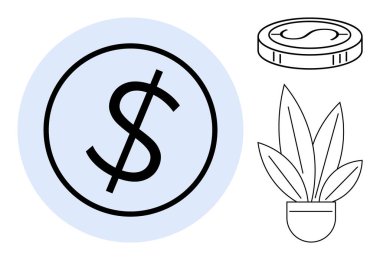 Çemberin içinde dolar işareti, bozuk para ve saksı bitkisi. Finansal büyüme, tasarruf, yatırım, kâr, ekonomik refah zenginlik yönetimi ve ticari başarı temaları için ideal. Soyut satır düzlüğü