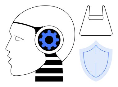 Mavi dişli, gri alışveriş çantası ve mavi kalkanlı bir robot kafası profili. Teknoloji, yapay zeka, siber güvenlik, dijital koruma, robotik makine öğrenme teknolojileri için idealdir. Soyut çizgi