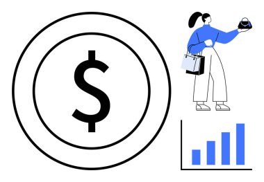 Büyük dolar işareti finansal odaklanma gösteriyor. Kredi kartı ve alışveriş torbaları tutan kadın tüketici davranışlarını resmediyor. Çubuk grafik büyüme ve ilerleme gösteriyor. İş, finans ve ticaret için ideal