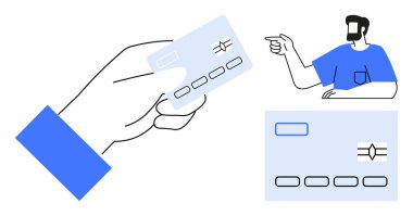 Mavi gömlekli kişi kartın başka bir büyütülmüş versiyonunu gösterirken, elinde sim çip olan bir kredi kartı var. Finans, bankacılık, işlemler, ödemeler, pazarlama, eğitim için ideal