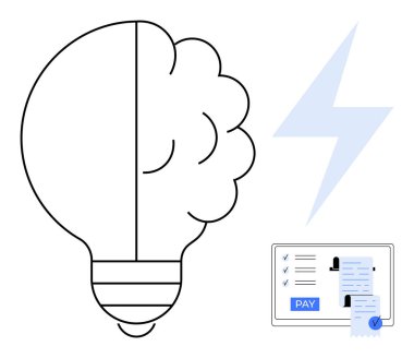 Elektrik kıvılcımının yanında yarı ampul, yarı beyin ikonu ve fatura ve ödeme düğmesi gösteren dijital cihaz. Finansal teknoloji, yenilik, dijital ödemeler, verimlilik, otomasyon için ideal