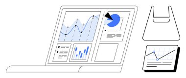 Birden fazla etkileşimli grafikleri, grafikleri ve analitik görselleri olan bir laptop. İş analizi, mali planlama, istatistiksel değerlendirme, pazarlama anlayışı, veri bilimi, araştırma için ideal