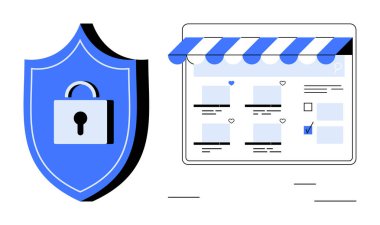 Tentenin altındaki çevrimiçi dükkan panelinin yanında kilit simgesi olan bir kalkan. Siber güvenlik, veri koruması, güvenli işlemler, e-ticaret, çevrimiçi mahremiyet, web güvenliği ve dijital güvenlik için ideal