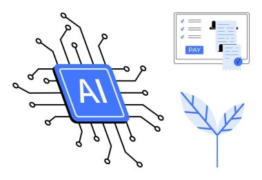 Merkezde yapay zeka çipi, faturayla dijital ödeme arayüzü ve çevre dostu yaprak simgesi. Teknoloji, finans, otomasyon, yapay zeka, çevre dostu dijital dönüşüm yenilikleri için idealdir. Mavi