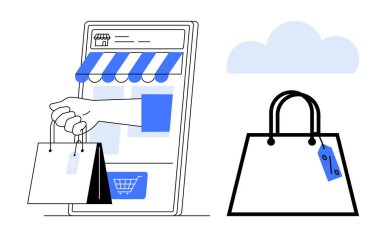Elinde alışveriş poşetleri olan akıllı telefon ekranından çıkan el, online mağazaları sembolize eden bulut. E-ticaret, dijital pazarlama, çevrimiçi alışveriş, mobil uygulamalar, perakende sektörü ve tüketici için ideal