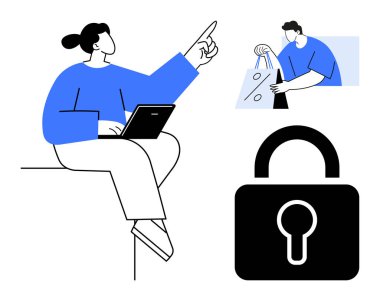 Kadın dizüstü bilgisayar kullanıyor ve yukarı doğru işaret ediyor, erkek alışveriş torbaları taşıyor, ve güvenliği temsil eden büyük bir kilit. Çevrimiçi alışveriş, e-ticaret, siber güvenlik, tüketici davranışı, bilişim sistemleri, dijital