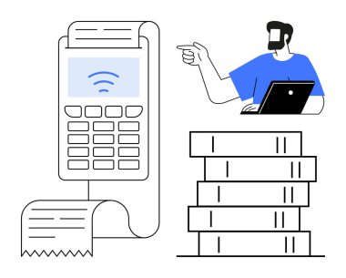 Bilgisayarlı bir adam POS terminalinin yanındaki madeni paraları ve makbuzu gösteriyor. Dijital işlemler, fintech, çevrimiçi bankacılık, finansal planlama, e-ticaret, teknoloji entegrasyonu için ideal