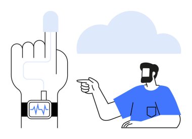 Elinizde hayati organları gösteren bir iz sürücü var. Üzerinde büyük mavi bir bulut var. Mavi gömlekli adam işaret ediyor. Teknoloji, sağlık, yenilik, bağlantı, uygunluk, dijital dönüşüm için ideal